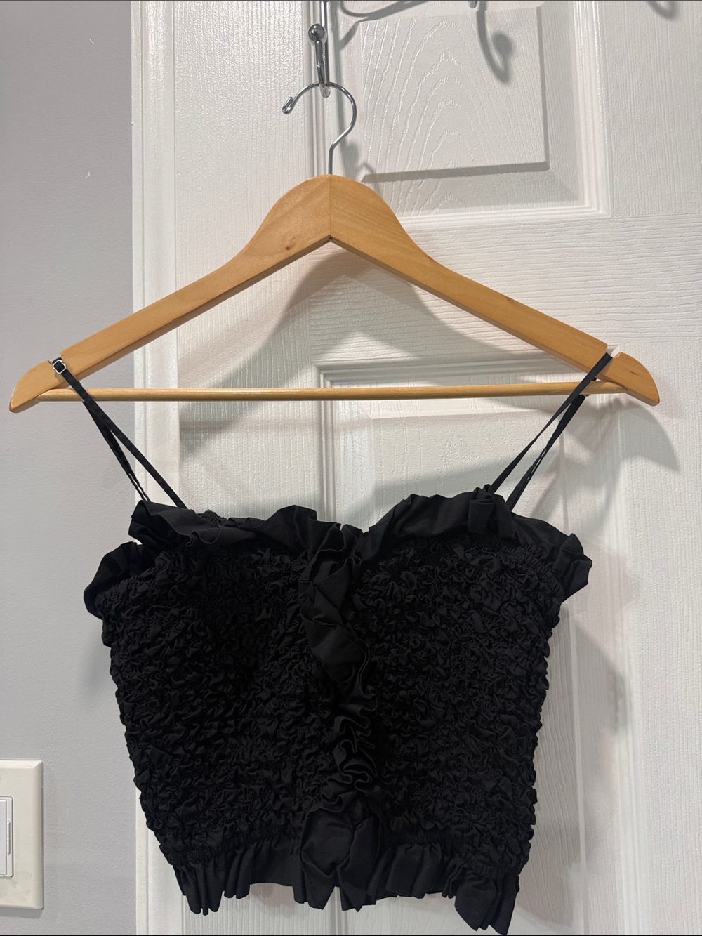 Zara Black Smocked Ruffle Spaghetti Strap Crop Top